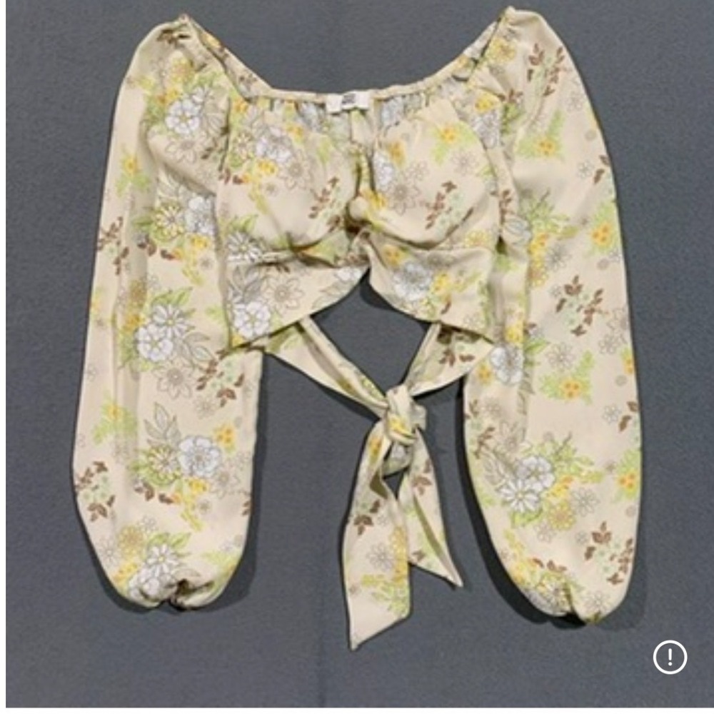Madden‎ NYC Floral Womens M Crop Top Long Balloon Sleeve Off Shoulder Tie Back